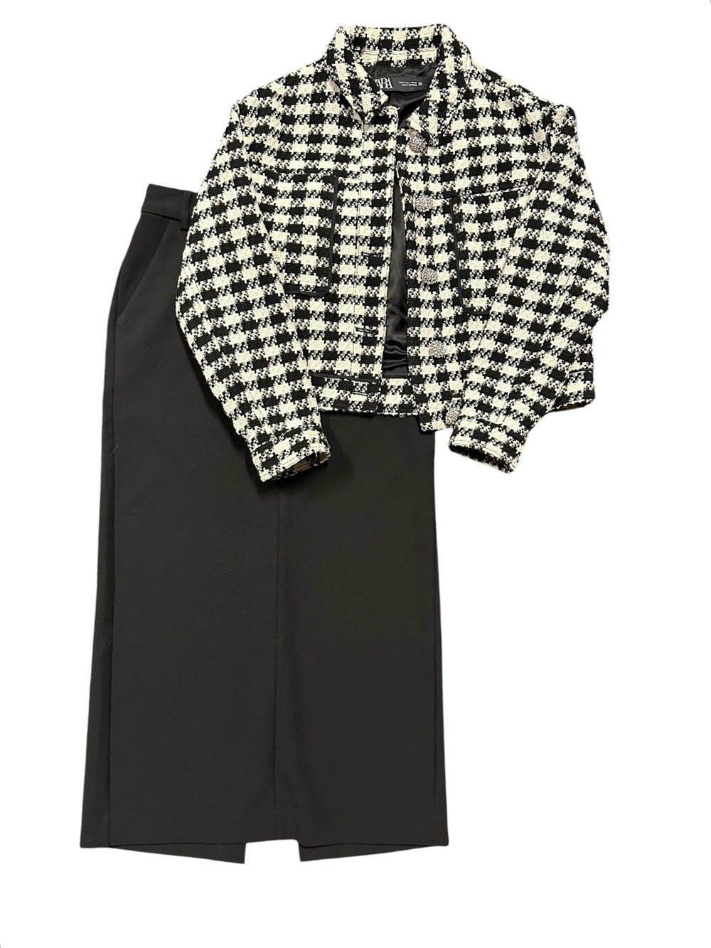 Black White Tweed Jacket & Black Midi Skirt Office Career Outfit Set S 4